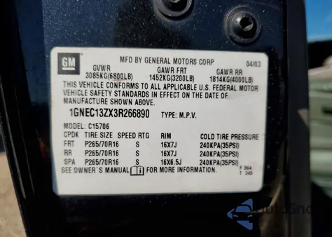 2003 Chevrolet Tahoe C1500 z USA, uszkodzony, nr VIN 1GNEC13ZX3R266890